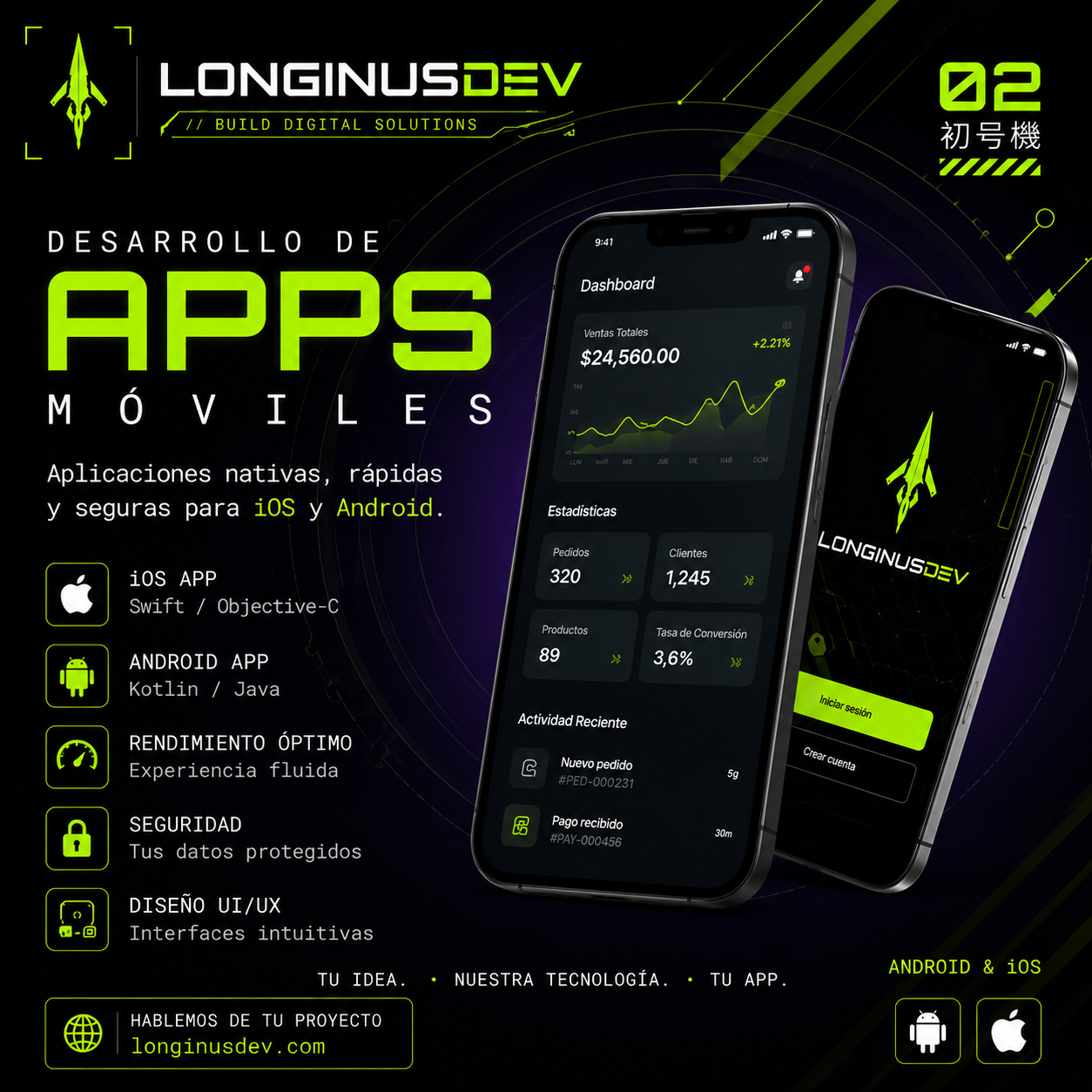 Diseño promocional de aplicaciones móviles LONGINUSDEV