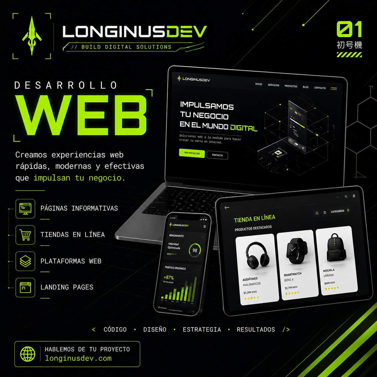 Diseño promocional de desarrollo web LONGINUSDEV