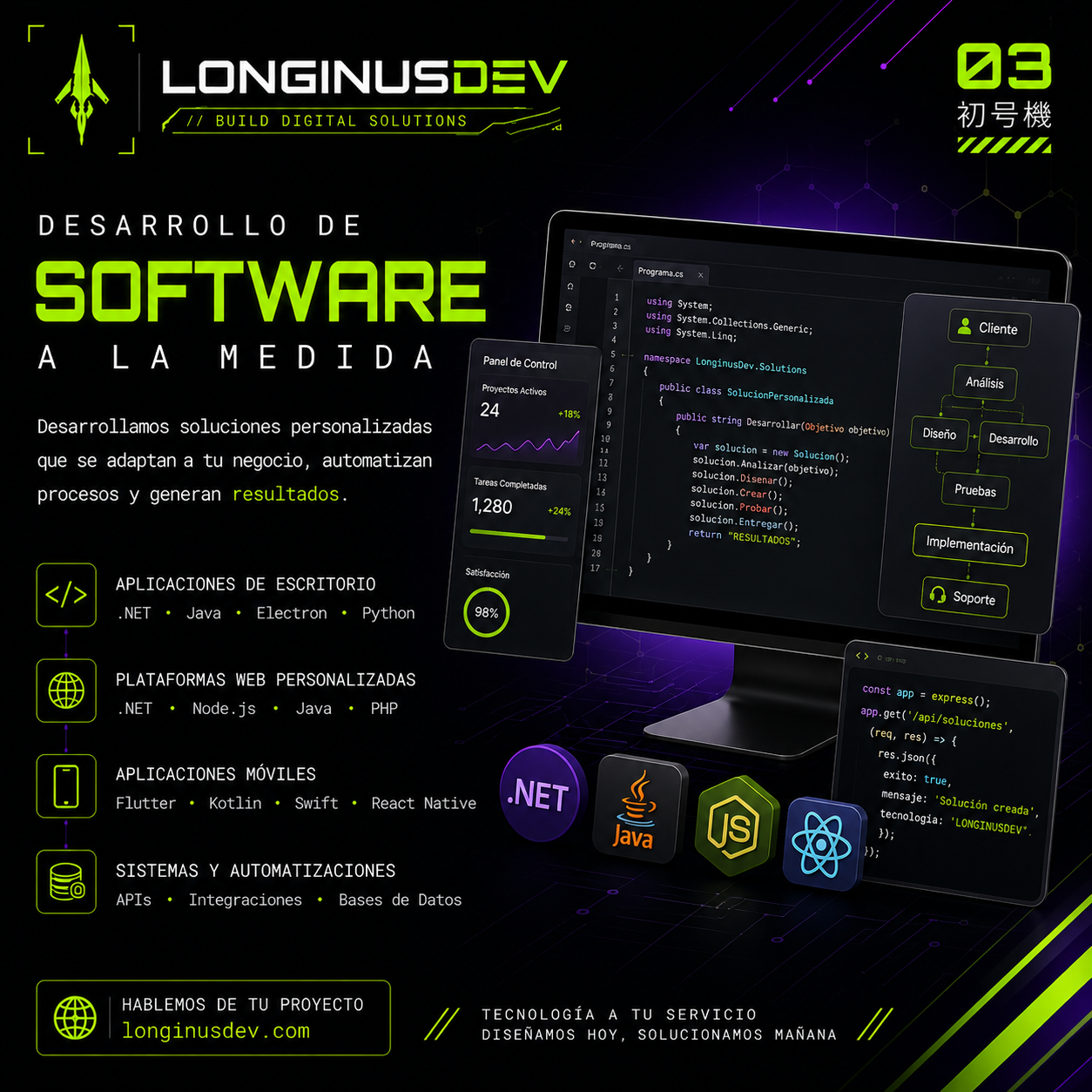 Diseño promocional de software a medida LONGINUSDEV